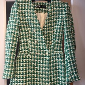Zara Green and White Checkered Blazer